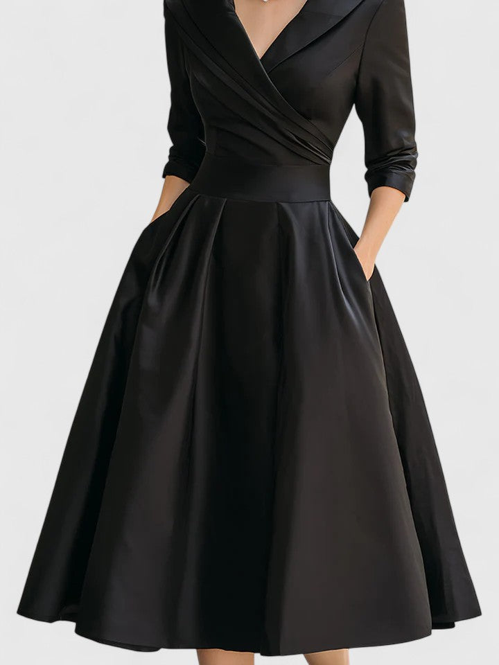 Ruched Wrap Collar A Line Satin Midi Dress - Wedding Guest