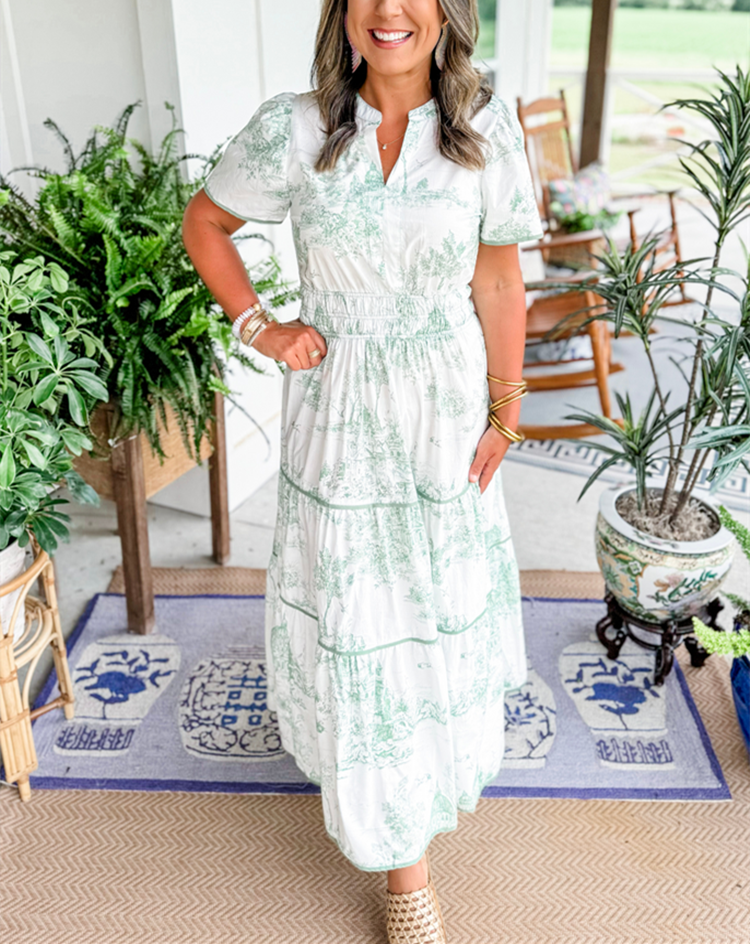 Toile Print Puff Sleeve Elasticated Waist Tiered Maxi Dress