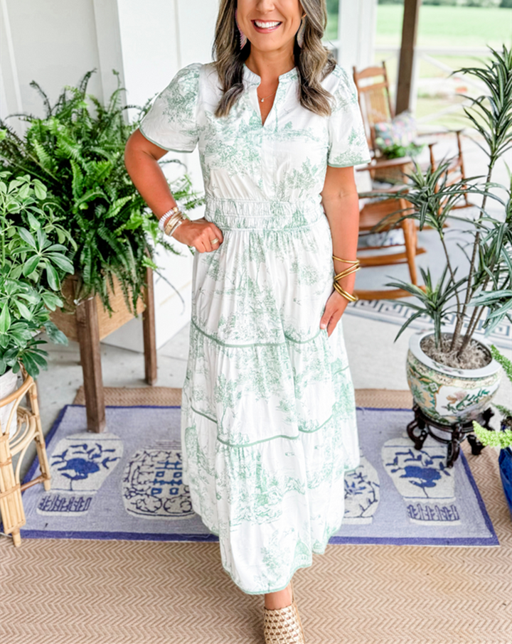 Toile Print Puff Sleeve Elasticated Waist Tiered Maxi Dress