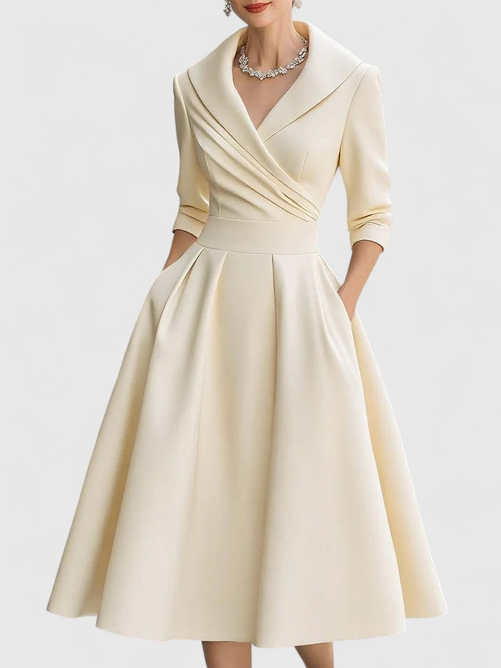 Ruched Wrap Collar A Line Satin Midi Dress - Wedding Guest