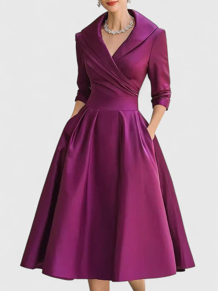 Ruched Wrap Collar A Line Satin Midi Dress - Wedding Guest