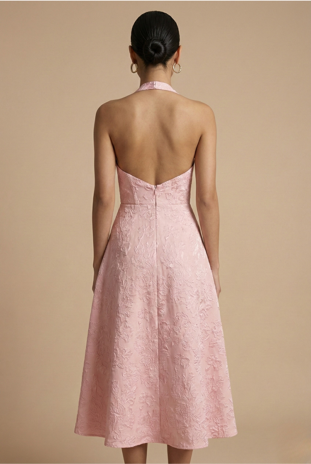 Jacquard Halter Corset Bodice A Line Midi Dress - Wedding Guest