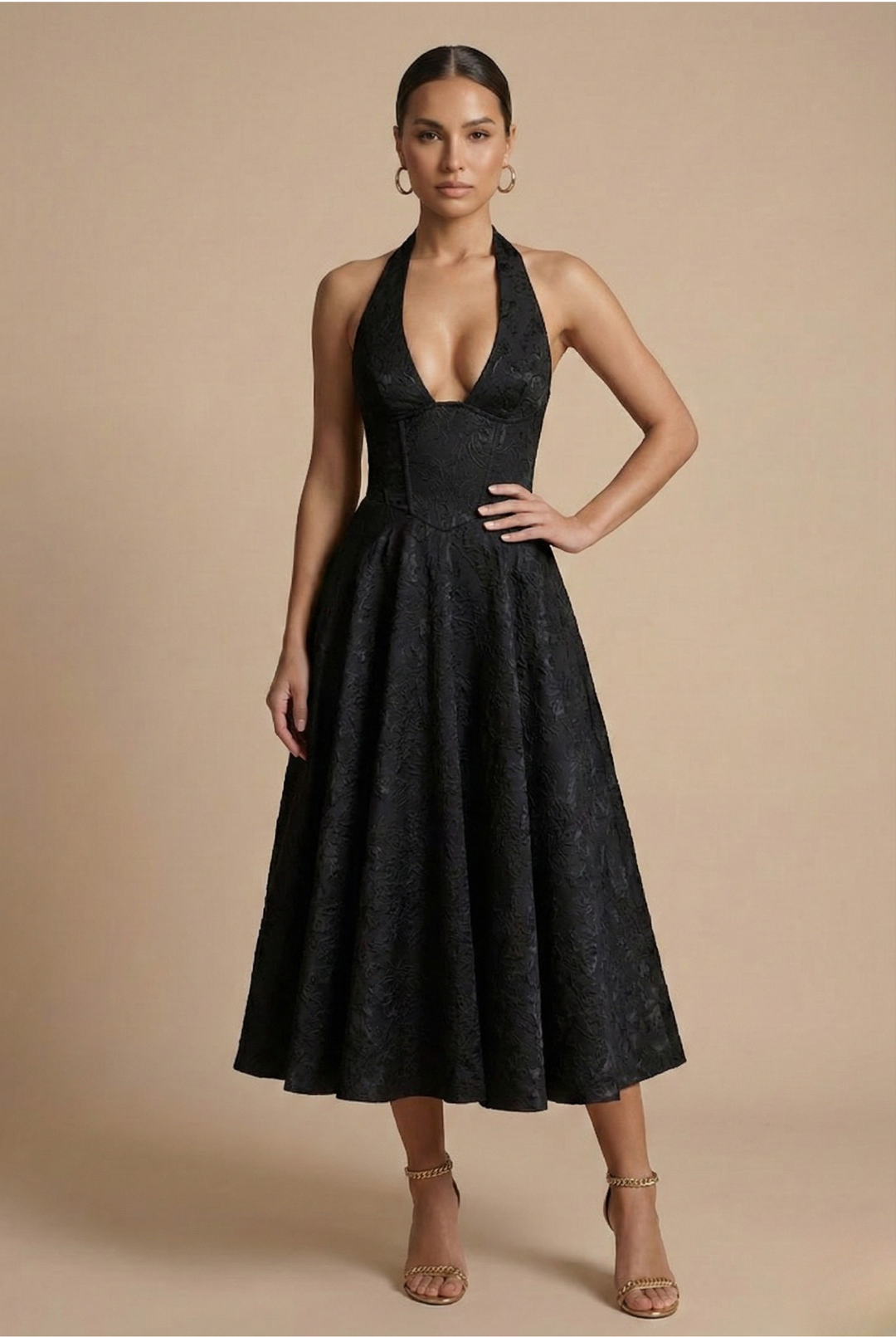 Jacquard Halter Corset Bodice A Line Midi Dress - Wedding Guest