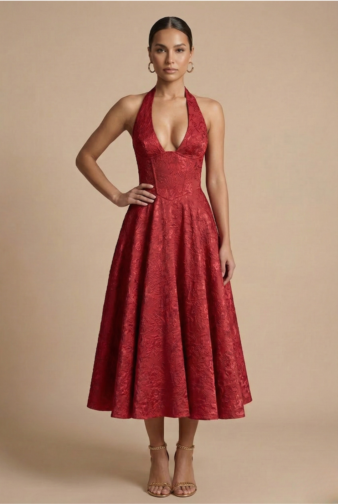 Jacquard Halter Corset Bodice A Line Midi Dress - Wedding Guest