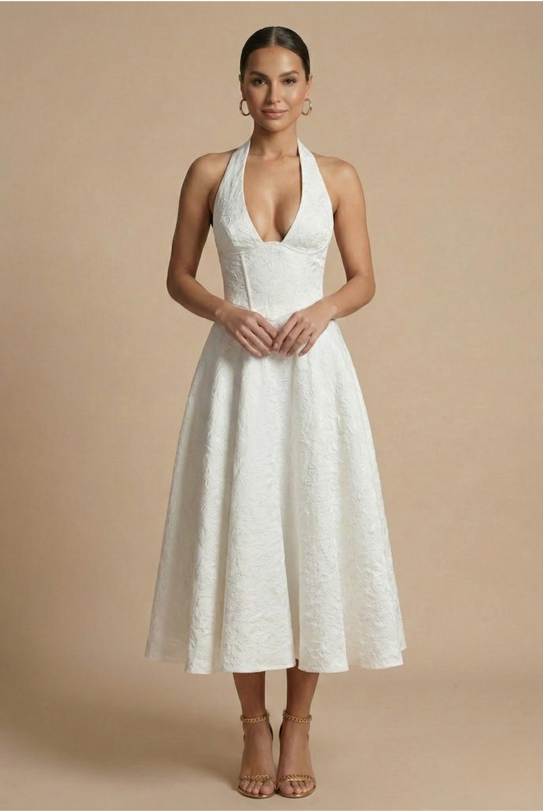 Jacquard Halter Corset Bodice A Line Midi Dress - Wedding Guest