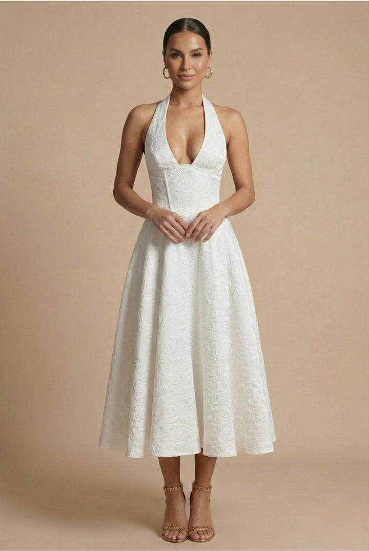 Jacquard Halter Corset Bodice A Line Midi Dress - Wedding Guest
