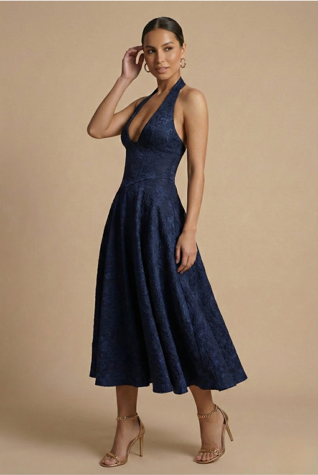 Jacquard Halter Corset Bodice A Line Midi Dress - Wedding Guest