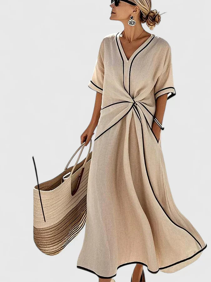 Contrast Trim Twist Front Linen Maxi Dress
