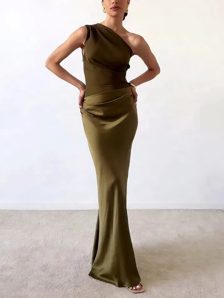 Selena | Elegant One Shoulder Neck Pleated Party Maxi Dress