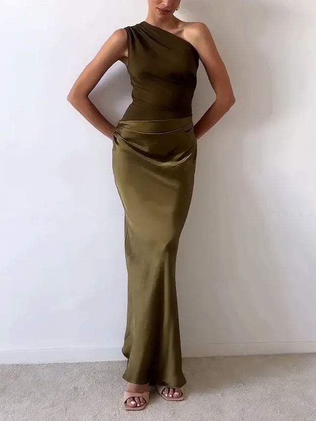 One Shoulder Ruched Satin Maxi Dress - Wedding Guest
