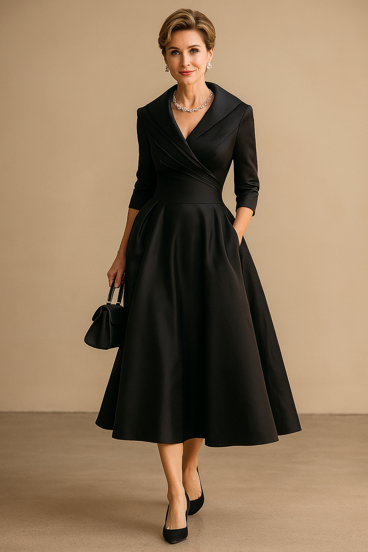 Ruched Wrap Collar A Line Satin Midi Dress - Wedding Guest