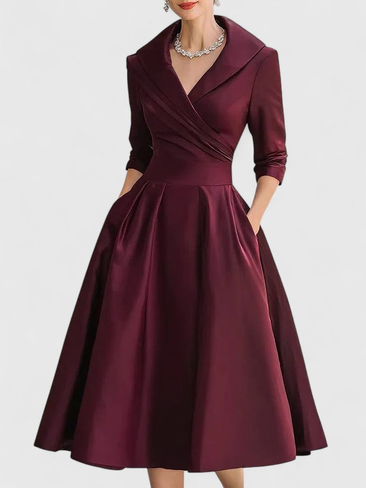Ruched Wrap Collar A Line Satin Midi Dress - Wedding Guest