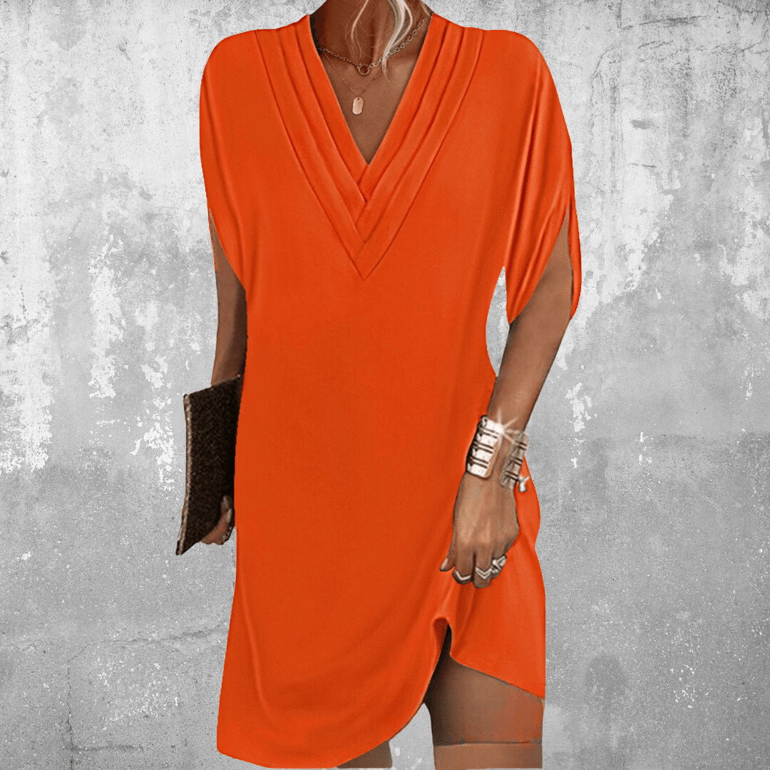 Pleated V Neck Batwing Sleeve Wrap Hem Mini Dress