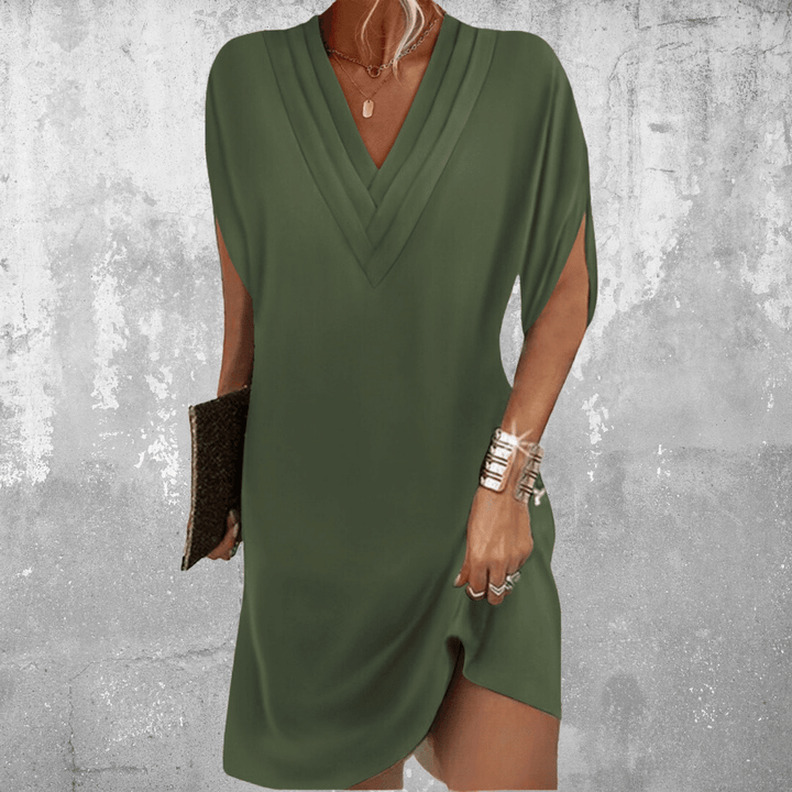Pleated V Neck Batwing Sleeve Wrap Hem Mini Dress
