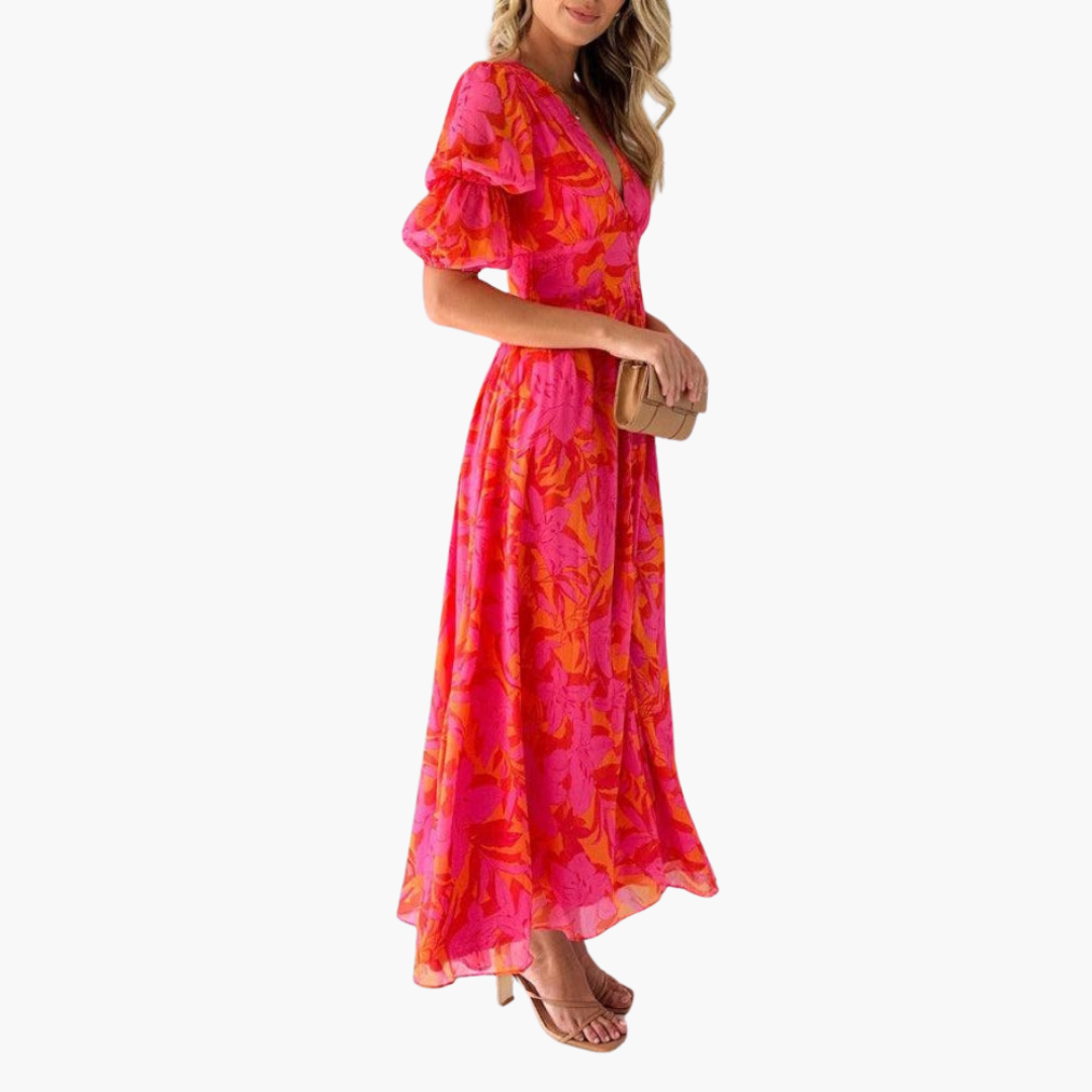 Elegant Maxi Dress for Women - V-Neck & Puff Sleeves
