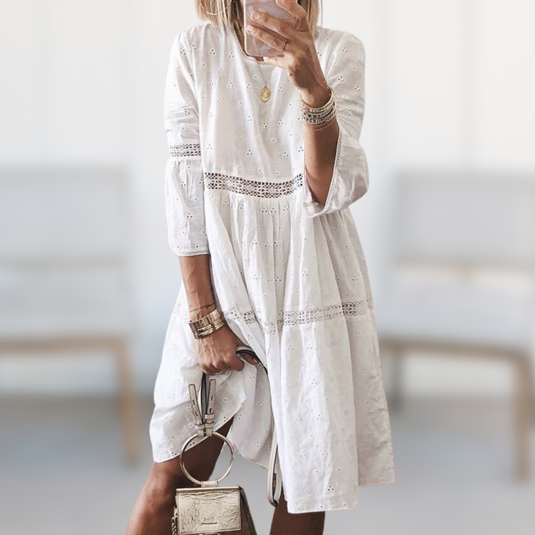 Eyelet Lace Trim Tiered Smock Casual Midi Dress