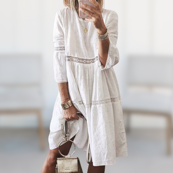 Eyelet Lace Trim Tiered Smock Casual Midi Dress