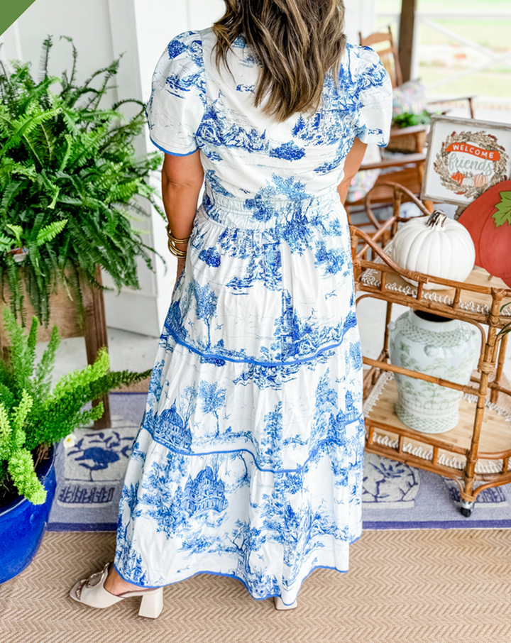 Toile Print Puff Sleeve Elasticated Waist Tiered Maxi Dress