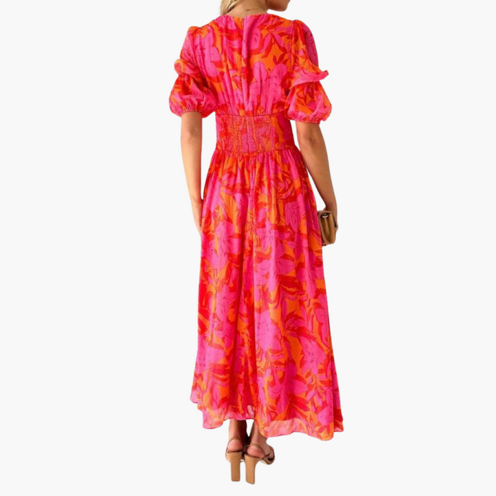 Elegant Maxi Dress for Women - V-Neck & Puff Sleeves