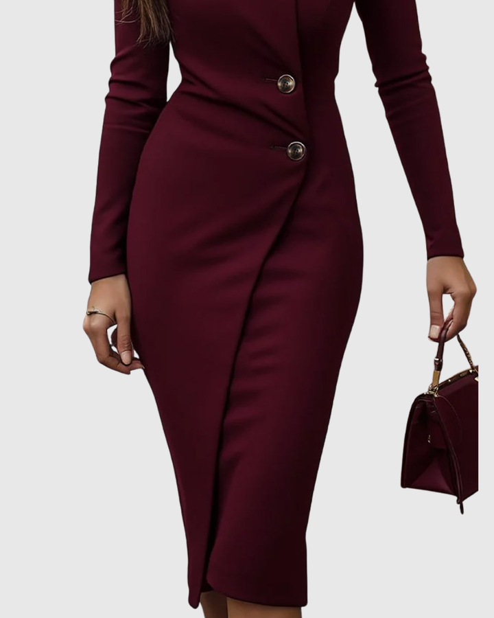 Button Detail Long Sleeve Bodycon Midi Dress - Formal