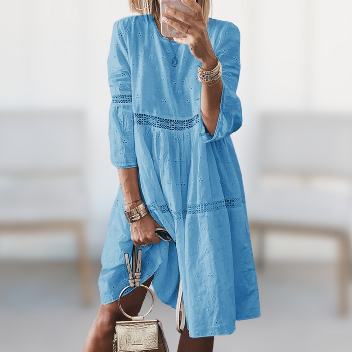 Eyelet Lace Trim Tiered Smock Casual Midi Dress