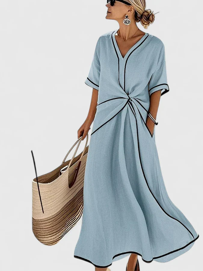 Contrast Trim Twist Front Linen Maxi Dress