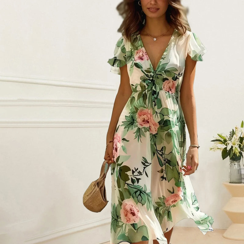 Floral Ruffle Sleeve V Neck Midi Summer Dress