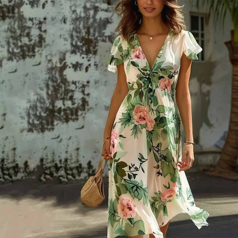 Floral Ruffle Sleeve V Neck Midi Summer Dress