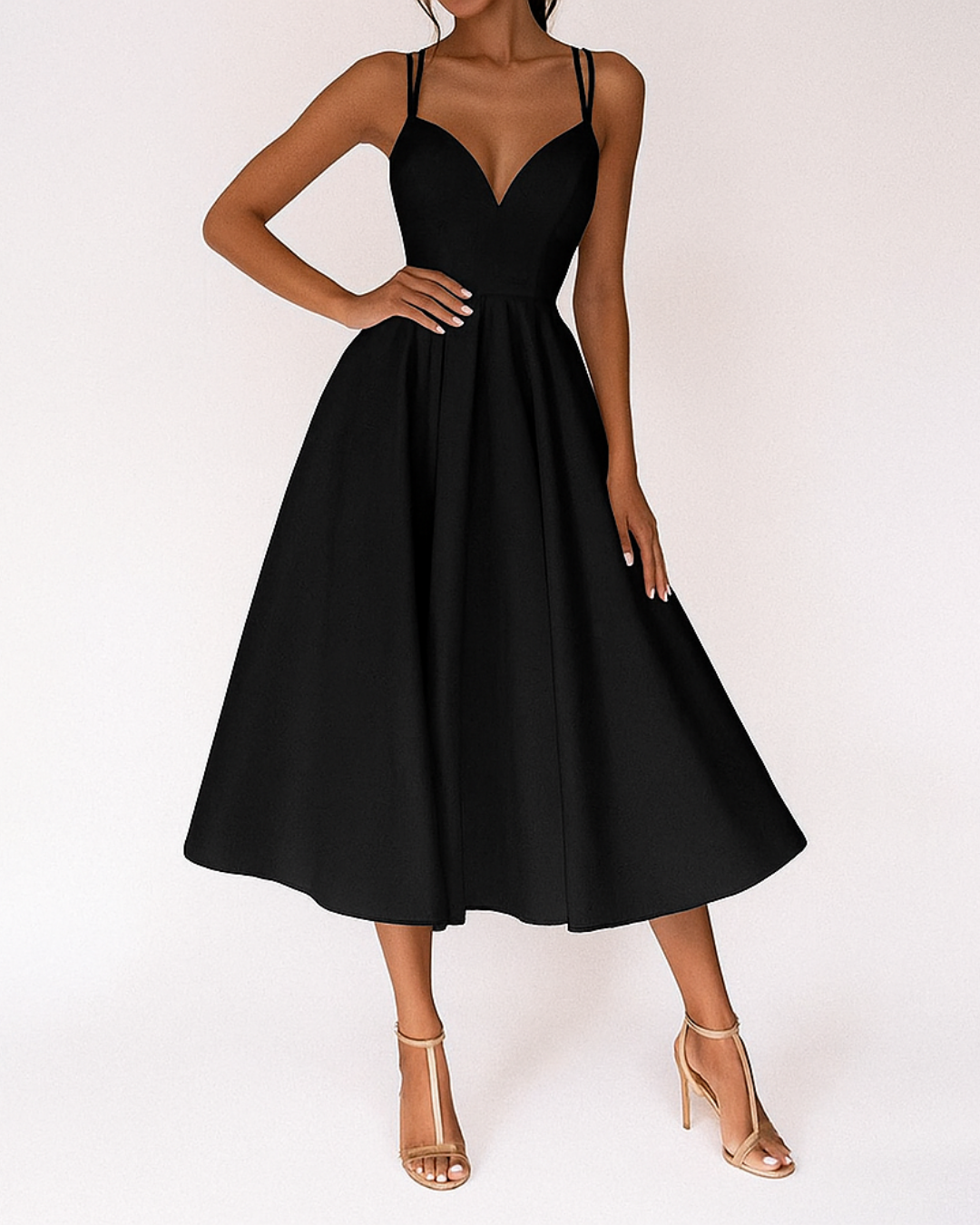 Double Strap Deep V Neck Full Skirt A Line Midi Dress - Formal