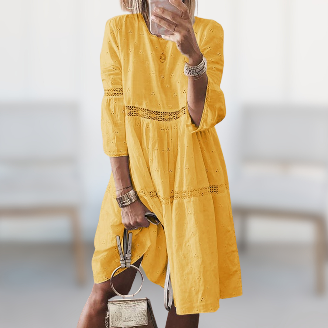 Eyelet Lace Trim Tiered Smock Casual Midi Dress