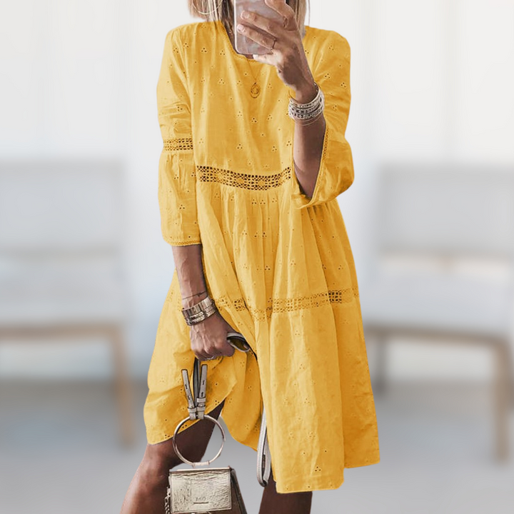 Eyelet Lace Trim Tiered Smock Casual Midi Dress