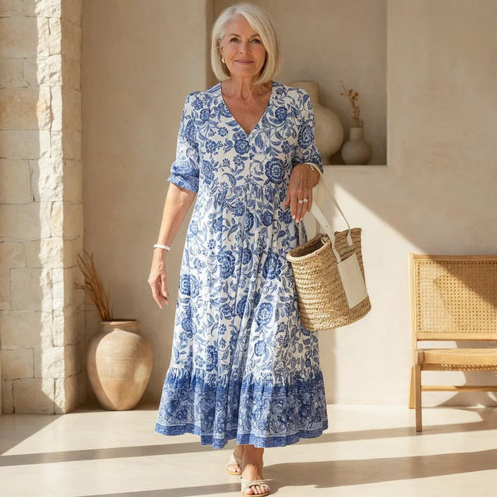 Floral Border Print V Neck Tiered Flowy Maxi Dress