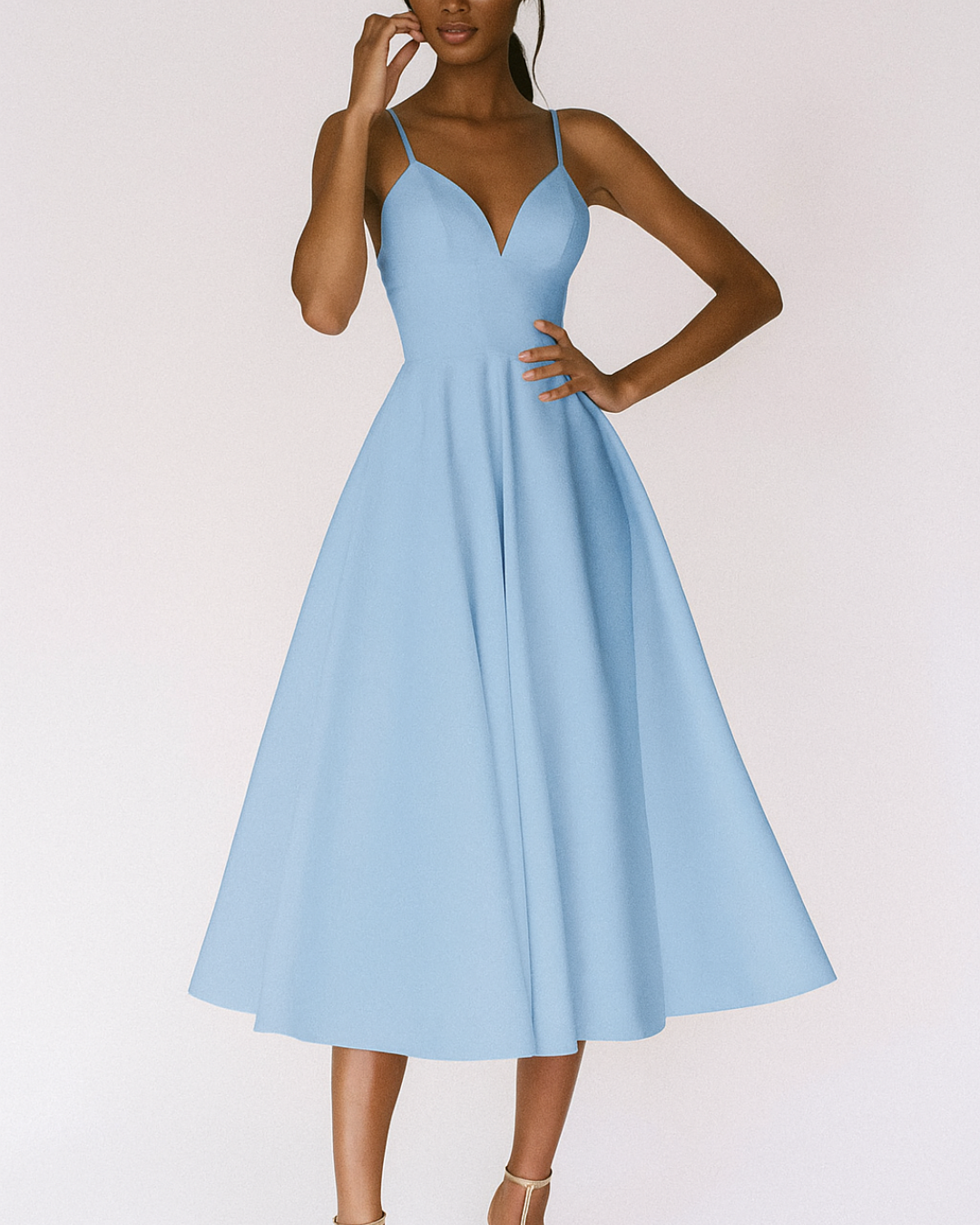 Double Strap Deep V Neck Full Skirt A Line Midi Dress - Formal