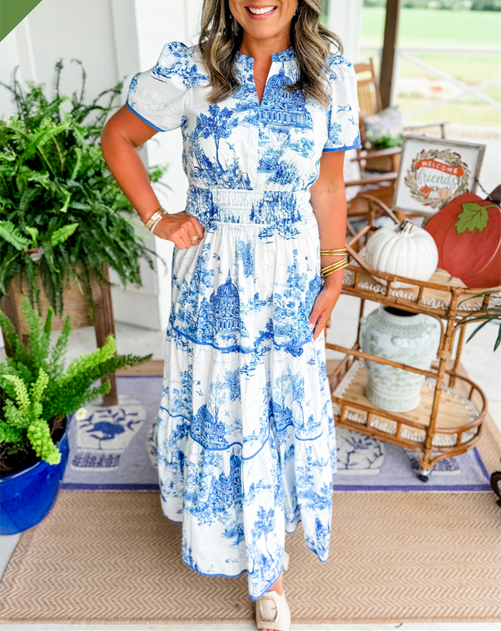 Toile Print Puff Sleeve Elasticated Waist Tiered Maxi Dress
