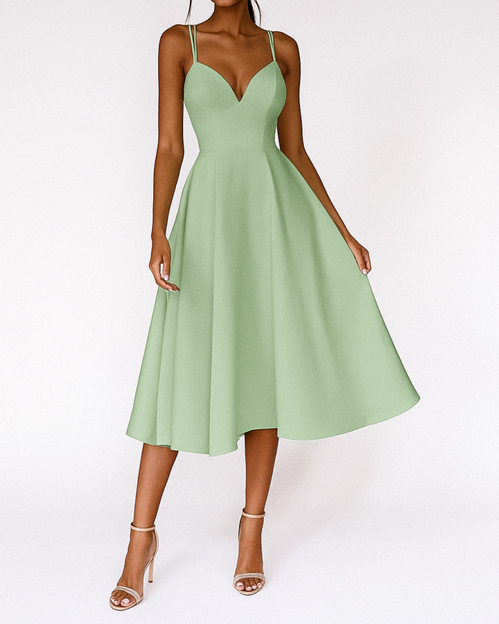 Double Strap Deep V Neck Full Skirt A Line Midi Dress - Formal