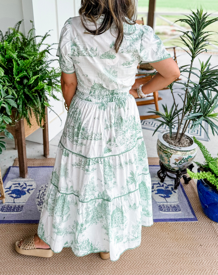 Toile Print Puff Sleeve Elasticated Waist Tiered Maxi Dress