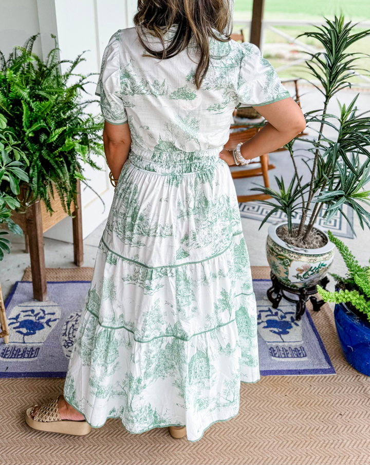 Toile Print Puff Sleeve Elasticated Waist Tiered Maxi Dress