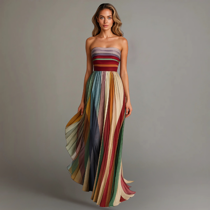 Striped Strapless Pleated Skirt Flowy Maxi Dress - Formal Evening Gown