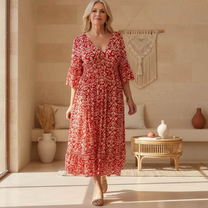 Ikat Print Smocked Waist V Neck Boho Midi Dress