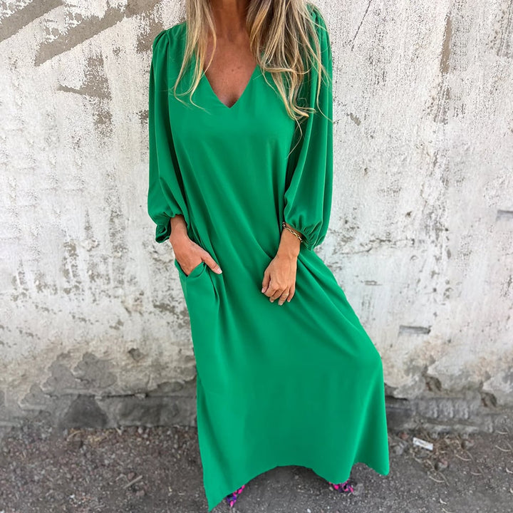 Balloon Sleeve V Neck Pocket Flowy Casual Maxi Dress