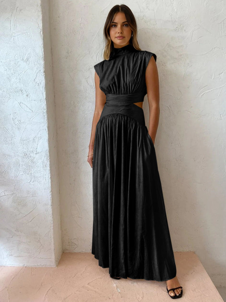 Ruched High Neck Cut Out Waist Satin Flowy Maxi Dress - Formal Evening Gown
