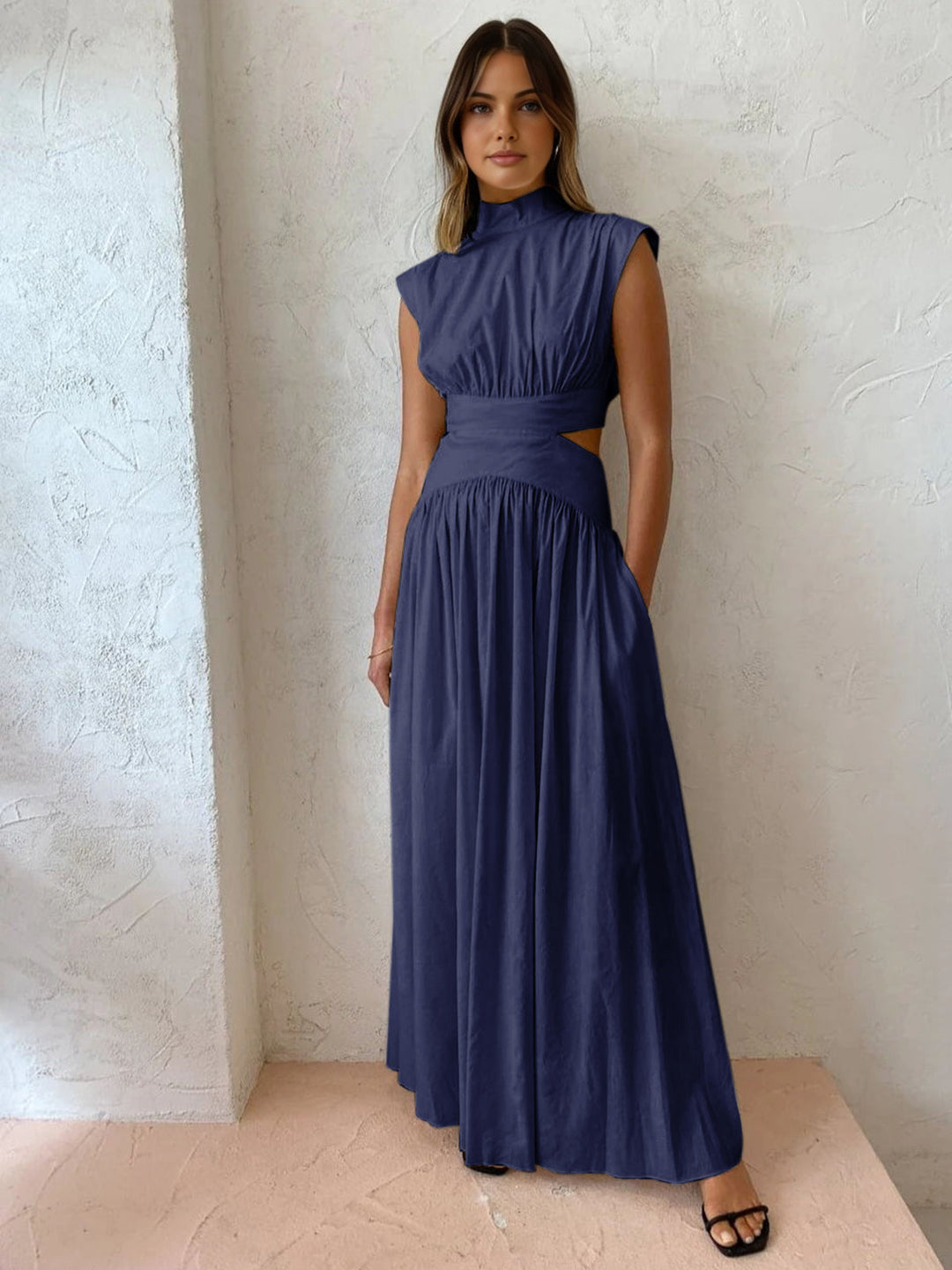 Ruched High Neck Cut Out Waist Satin Flowy Maxi Dress - Formal Evening Gown