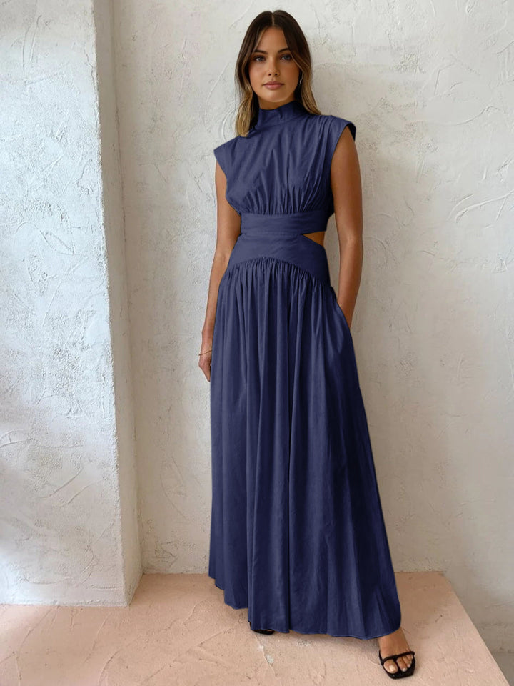 Ruched High Neck Cut Out Waist Satin Flowy Maxi Dress - Formal Evening Gown