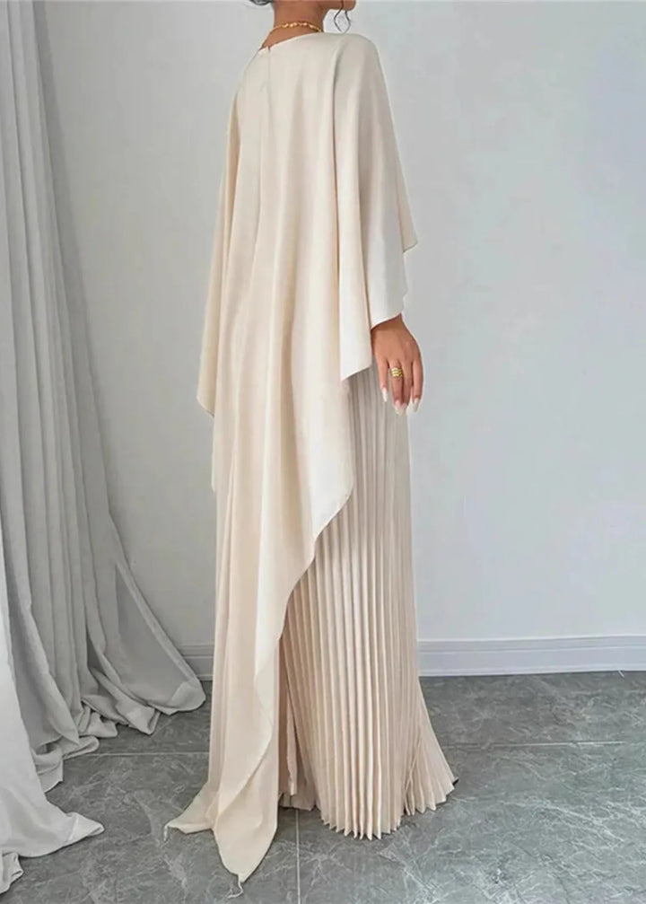 Cape Overlay Crew Neck Pleated Skirt Flowy Maxi Dress - Wedding Guest