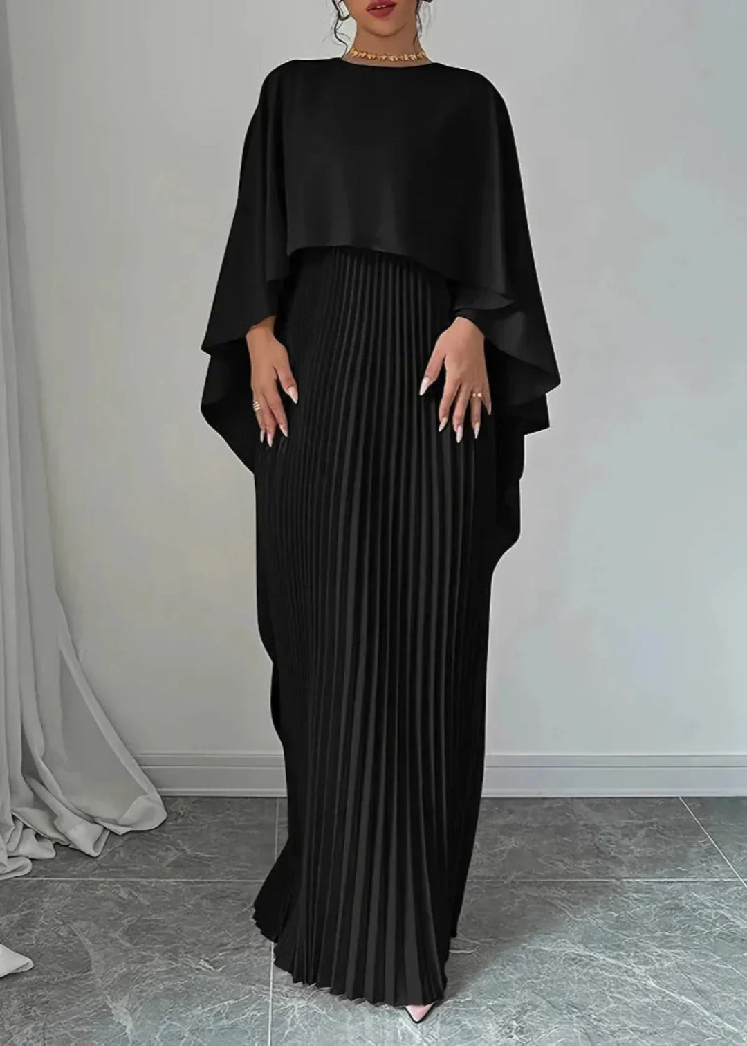 Cape Overlay Crew Neck Pleated Skirt Flowy Maxi Dress - Wedding Guest