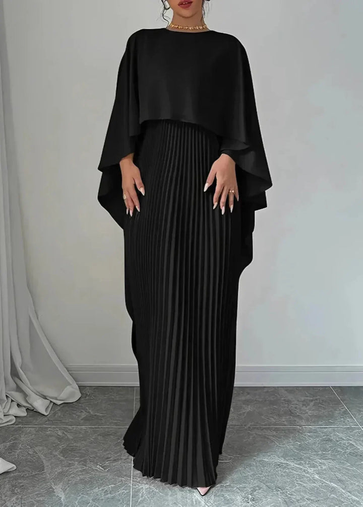 Cape Overlay Crew Neck Pleated Skirt Flowy Maxi Dress - Wedding Guest