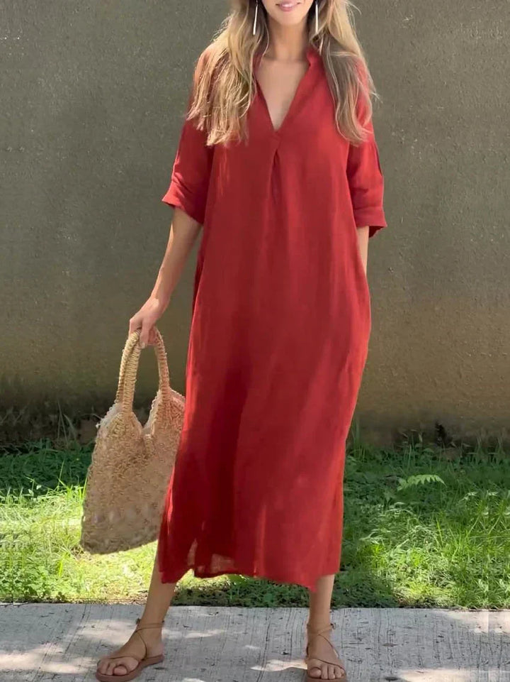 Linen V Neck Three Quarter Sleeve Casual Maxi Dress