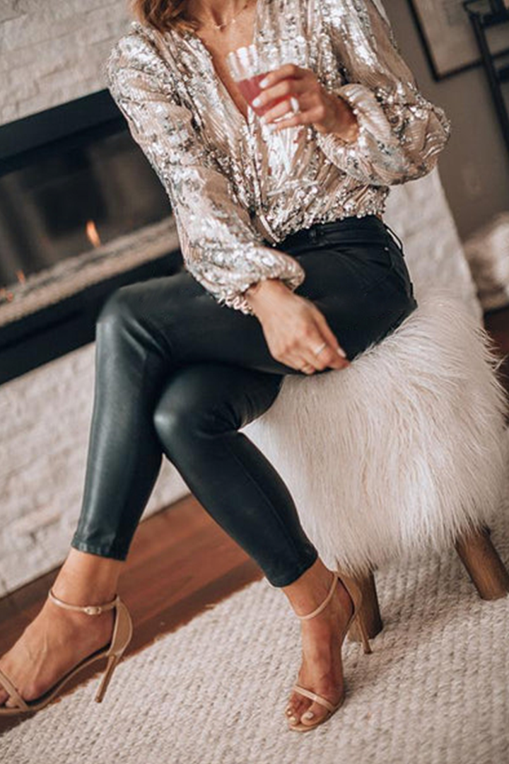 Dania Blouse | Long Sleeve Sequin V-Neck Blouse