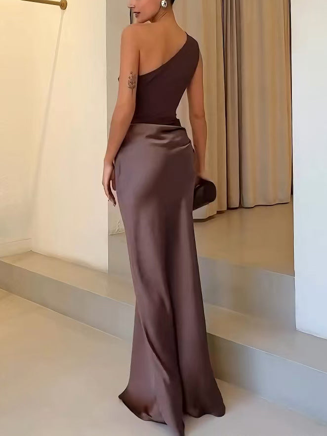 Selena | Elegant One Shoulder Neck Pleated Party Maxi Dress