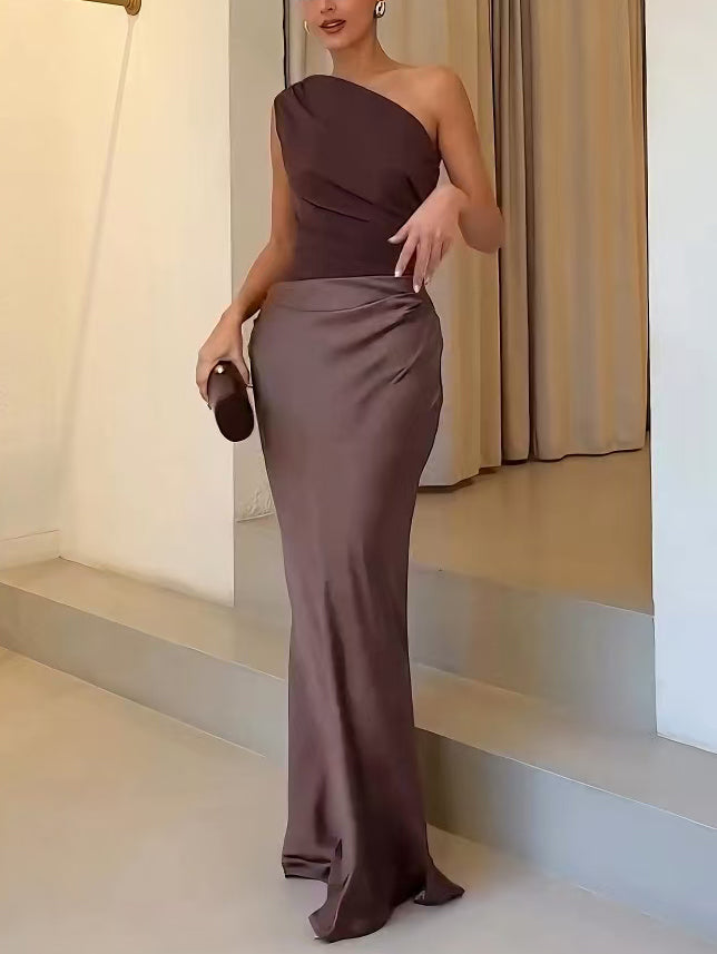 Selena | Elegant One Shoulder Neck Pleated Party Maxi Dress